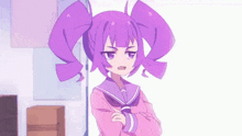 a girl with purple hair and pigtails is standing with her arms crossed and looking angry .