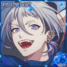 a picture of ryu loves luci with a blue rose on the bottom
