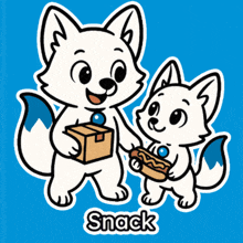 a cartoon of a dog holding a box and another dog holding a hot dog with the word snack underneath them