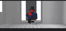 a cartoon character wearing a top hat and a red mask is walking through a room .
