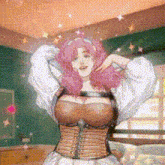 a woman with pink hair and a corset is standing in a room with stars coming out of the ceiling .