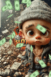 a cartoon character is surrounded by money and a slot game logo