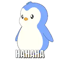 a blue and white penguin is laughing and pointing at something with the words " hahaha " written below it