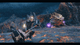 a video game character is holding a hammer in front of a monster