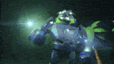 a robot with a green face is standing in front of a palm tree ..