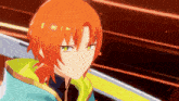 a close up of an anime character with red hair and green eyes