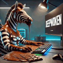 a zebra covered in chocolate is typing on a keyboard in front of a computer that says deepwoken