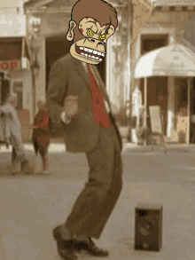 a man in a suit and tie with a monkey face on his face