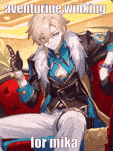 a man in a suit is sitting on a red couch with the words " aventurine winking for mika " below him