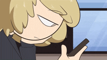 a cartoon character with blonde hair is looking at a cell phone