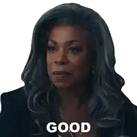 a woman with gray hair has the word good written on her face