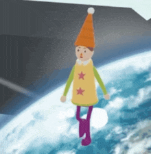 a cartoon character wearing an orange hat and a yellow shirt with three stars on it