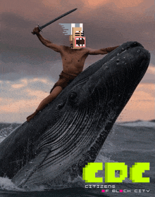 a man with a sword is riding a whale that says citizens of block city on it