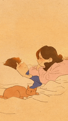 a drawing of a woman laying on a bed with a child and a cat with the letter g on her shirt