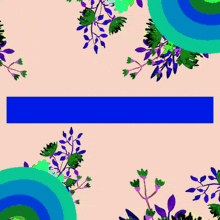 a pink background with green and blue circles and purple flowers and a blue stripe that says " الله "
