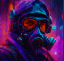 a colorful painting of a person wearing a gas mask