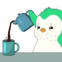 a cartoon penguin is pouring coffee into a blue mug