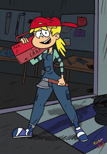 a cartoon drawing of lana from the loud house carrying a toolbox