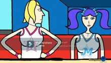 a cartoon of two girls standing next to each other with jm on their jerseys