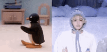 a stuffed penguin is standing next to a person wearing a hat in a room .