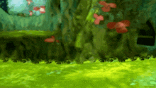 a painting of a forest with trees and flowers in the background