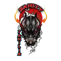 a drawing of a demon head with the words santy familia below it