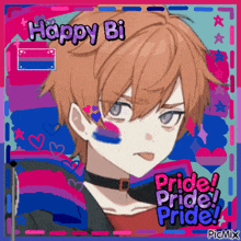 a picture of a boy with bi flag painted on his face with the words happy bi pride ! pride ! pride !