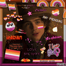 a picture of a man in a top hat surrounded by rainbows and hearts with the caption " lesbian pride "