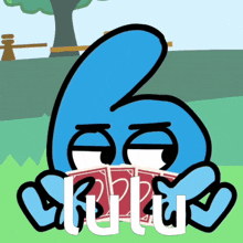 a cartoon drawing of a blue number 6 holding a pile of cards