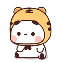 a cartoon panda wearing a tiger hat is sitting down and holding a heart .