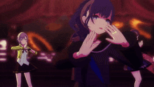 a group of anime girls are dancing on a stage and one of them has a ring on her finger
