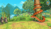a cartoon of a snake wrapped around a tree trunk
