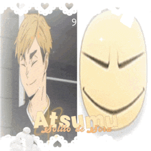 a picture of a man and a picture of a smiley face with the name atsumu on the bottom