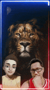 a man with glasses stands in front of a lion and a girl