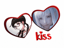 a picture of a girl in a heart shaped frame with the word kiss