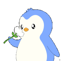 a blue and white penguin is holding a flower in its hand