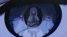 a drawing of a girl with a sword in her hand is reflected in a blue eye