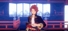 a video game character is holding a fan in his hand .