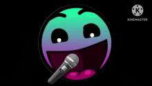 a colorful smiley face is holding a microphone in its mouth .
