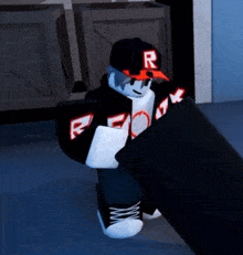 a roblox character wearing a hat with the letter r
