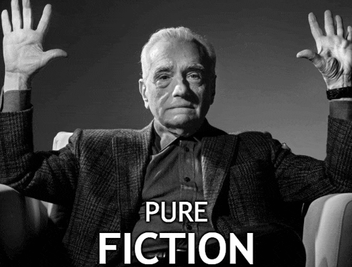 a man in a suit is sitting in a chair with his hands up and the words pure fiction below him