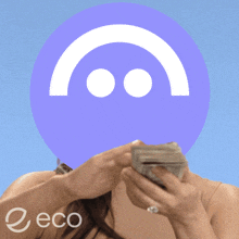 a woman is holding a stack of money in front of a purple circle that says eco on it