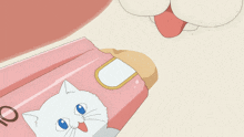 a cartoon drawing of a white cat on a pink item with the letter c on the bottom