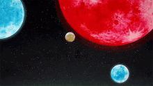 a painting of three different colored moons in the night sky