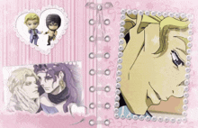 a picture of two anime characters on a pink background with hearts