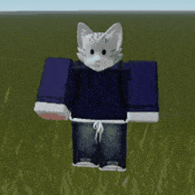 a white furry cat wearing a blue hoodie and jeans