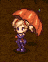 a pixel art drawing of a girl holding an orange parachute