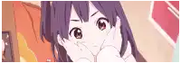 a close up of a anime girl with purple hair covering her face with her hand .