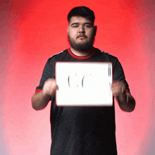 a man with a beard is holding a sign that says " cc "