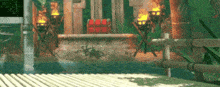 a computer generated image of a jungle with a dock and a pool
